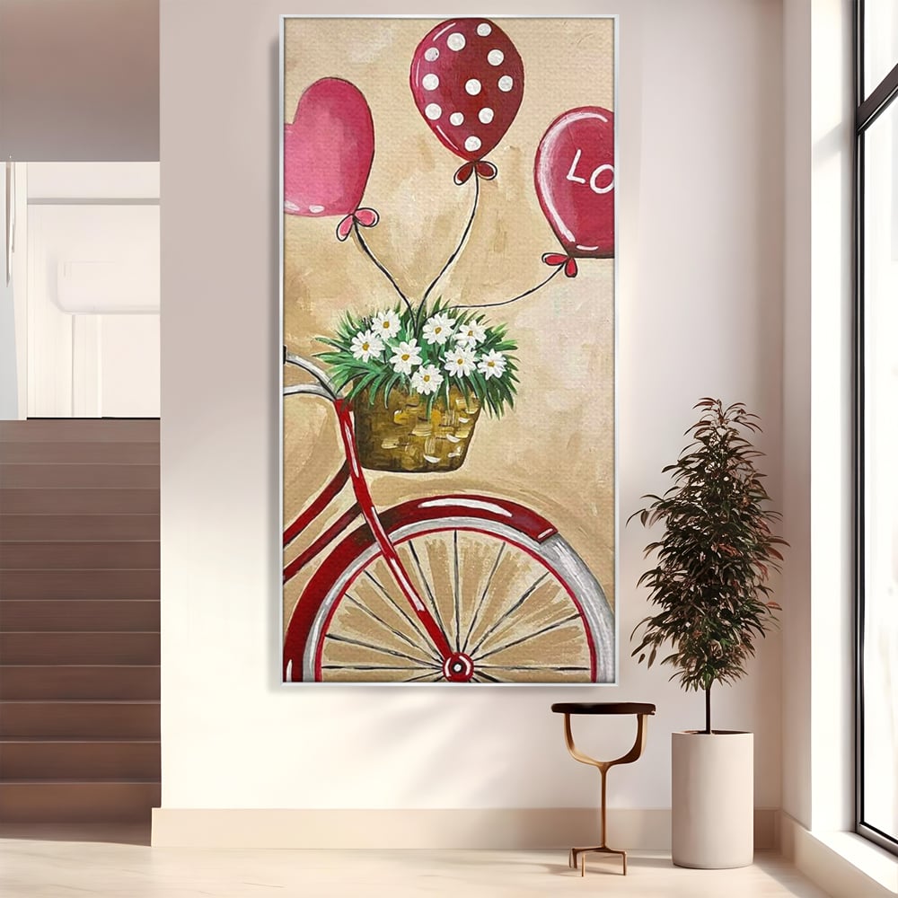 Tablou canvas cu pictura cu bicicleta vintage si baloane, in rama de aluminiu argintiu